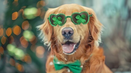 Dog Silly retriever dressed up in shamrock glasses and a green bow-tie for Saint Patrick's Day