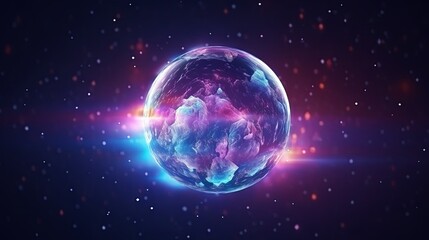 Obraz premium planet earth made of crystal, continents on surface, atmosphere, black background, holographic shimmer