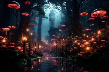 A midnight forest with towering skyscraperlike mushrooms and candlelight