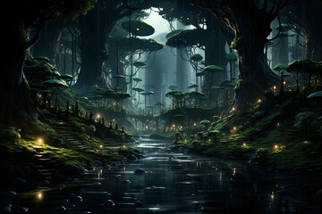 a dark forest filled with mushrooms and trees and a river - obrazy, fototapety, plakaty