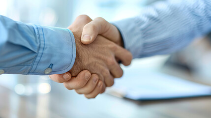 Two individuals in a formal setting are engaging in a firm handshake, symbolizing a professional agreement or partnership.