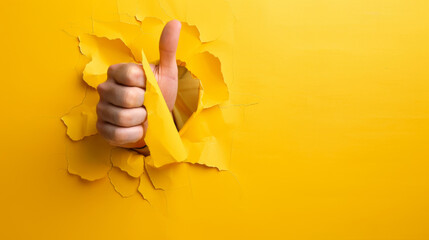 A hand is breaking through a yellow paper background giving a thumbs-up gesture, symbolizing approval or a positive response. - obrazy, fototapety, plakaty