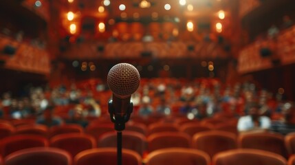 Microphone on stand in conference hall or seminar room, blurred background - obrazy, fototapety, plakaty