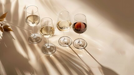 Glasses of red, rose and white wine with sunshine shadow effect. Concept of wine tasting. Flat lay, top view, copy space. Banner.