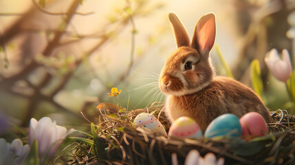 Fototapeta na wymiar A cute bunny sitting beside a colorful Easter egg nest, with a soft morning light illuminating the scene