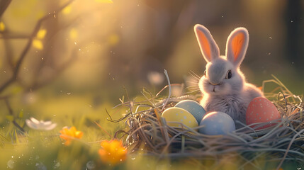 A cute bunny sitting beside a colorful Easter egg nest, with a soft morning light illuminating the scene