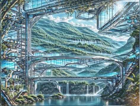 Surreal futuristic landscape with lush mountain and cloudy sky