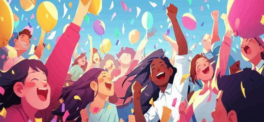 Cheerful friends having fun at birthday party. Happy people dancing with air balloons and confetti. Excited office girls and guys celebrating success together