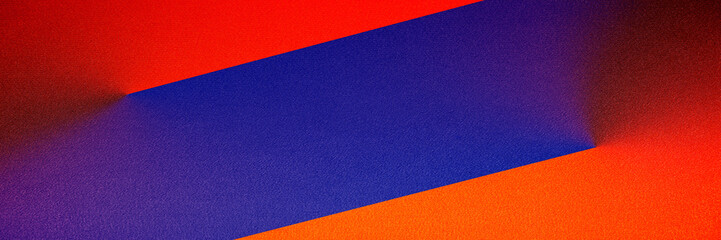 Dark deep bright blue purple red orange coral abstract background. Geometric shape. Angle line strip 3D. Color gradient. Neon electric metallic fire glow light. Grain noise rough. Wide banner. Panoram