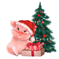 Pig with fir tree and presents. Cute Christmas card.