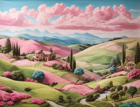 Surreal pink and green pastel landscape with trees, rolling hills, houses and clouds 