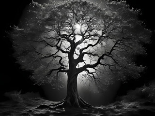 Tree in the night, depths of a dark forest. Generative AI	