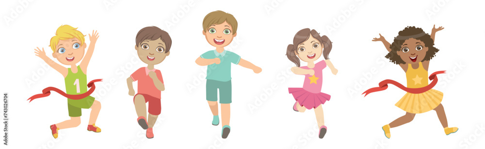 Poster Kids Running Marathon Participate in Sport Competition Vector Set