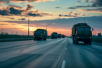 A column of military vehicles driving on the highway at dawn.