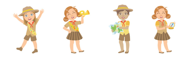 Happy Kid Scout Character in Khaki Uniform Vector Set