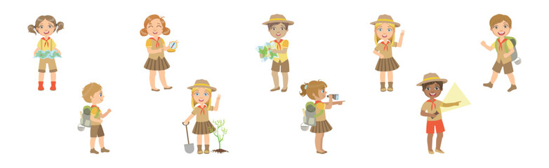 Happy Kid Scout Character in Khaki Uniform Vector Set
