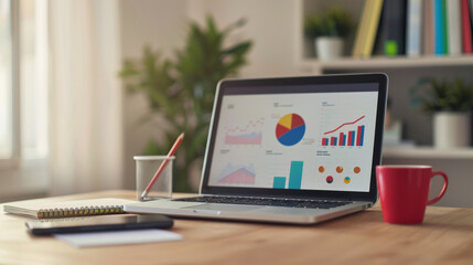 A laptop displaying charts and graphs on a wooden desk with a red coffee mug, smartphone, tablet, and pen, symbolizing a professional work environment.