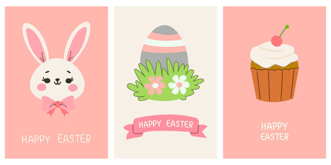 Greeting cute cards for the Easter holiday. Rabbit, egg, cupcake. For posters, cards, scrapbooking, stickers