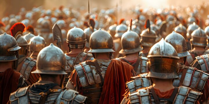 Roman soldiers dressed in armor prepare for battle in historical reenactment event. Concept History Reenactment, Roman Soldiers, Battle Armor, Preparation, Historical Event