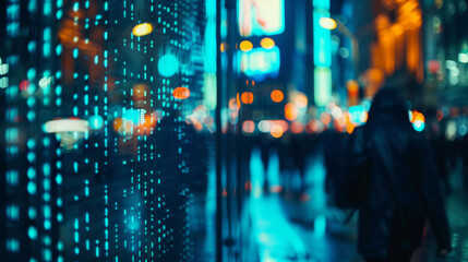 cityscape with digital data overlaying the physical environment, representing a concept of a smart city or the integration of digital information with urban space.