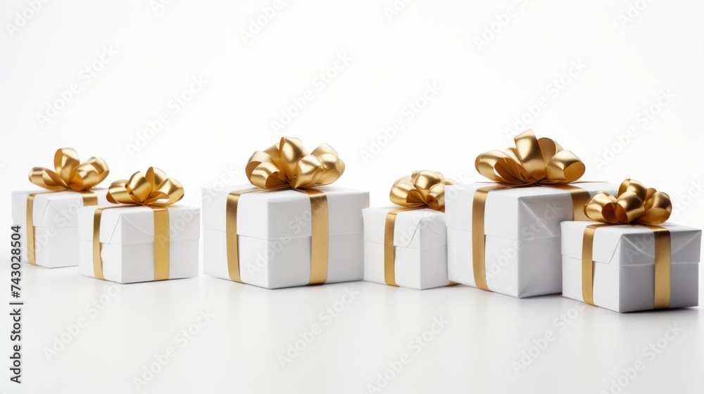 Poster generative ai 5 white gifts wrapped with golden ribbon on a white isolated background