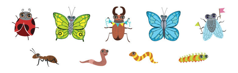 Funny Insect and Crawling Creature with Large Eyes Vector Set