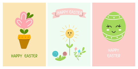 Greeting cute cards for the Easter holiday. Egg, spring flowers. For posters, cards, scrapbooking, stickers