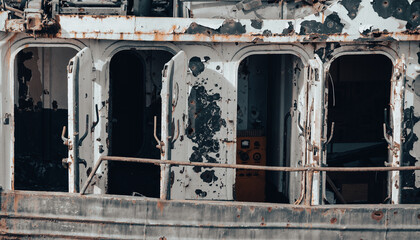 open doors of an old damaged ship in Ukraine