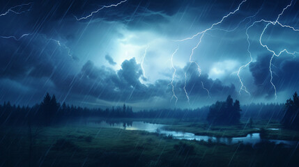 Thunder lightnings and rain during summer storm