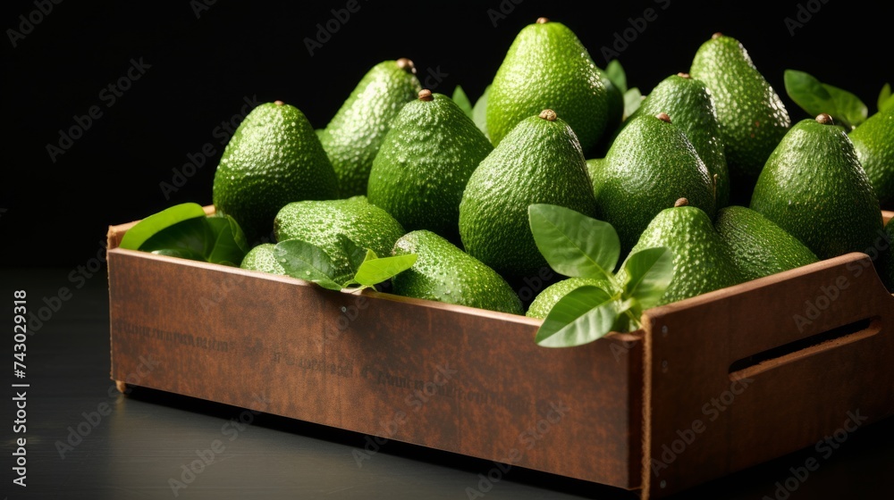 Poster a box packed with ripe avocados, close-up realistic photo generative ai