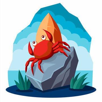 Illustration of crab climbing rock on the sea