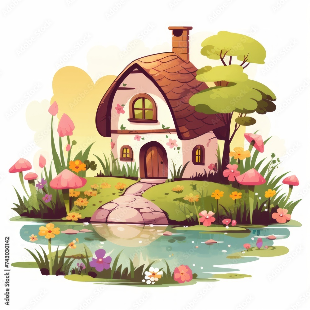 Poster generative ai a charming fairytale dwelling showcasing a tiny pond and a blossoming garden.