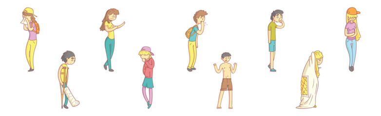 Sick People Character Suffer from Disease Symptoms Vector Set