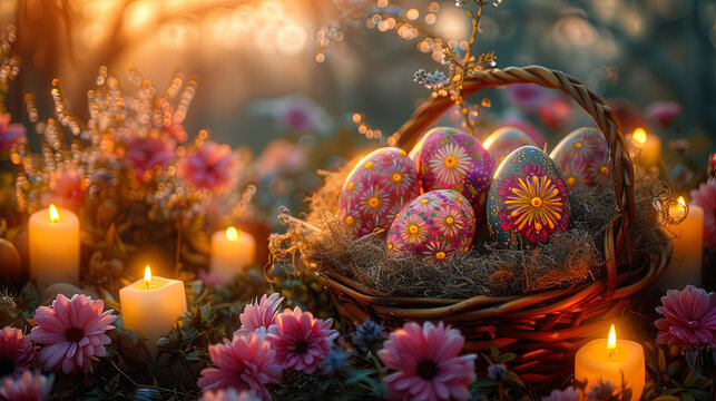Orthodox Easter Pysanky Eggs Close-up in Basket with Candles
