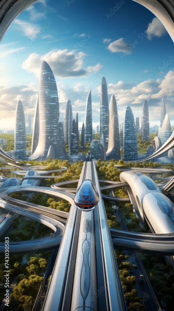 Poster Generative AI A city of the future showcasing domed structures, sleek monorails, and advanced AI infrastructure amidst a backdrop of stunning