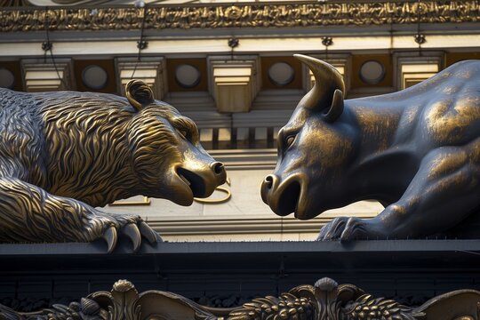 a bear and bull statue battle outside of the stock market