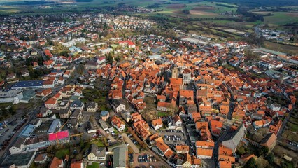 Aerial view of the old town Alsfeld in Germany on a sunny afternoon in autumn	