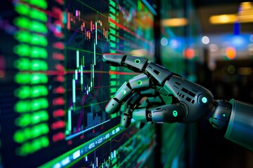 an AI powered robot hand pointing at stock market graphs on a digital display, representing artificial intelligence guided investments