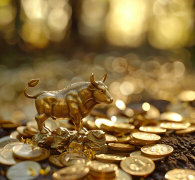 small brass statue of a bull standing on a pile of gold coins, representing financial growth in a bull market