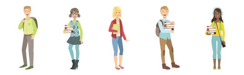 Fototapeta premium Modern Student Man and Woman Character Standing Vector Set