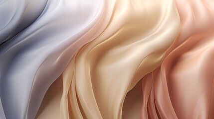 Abstract background with smooth satin-like fabric waves in beige, white, and brown tones exuding luxury.