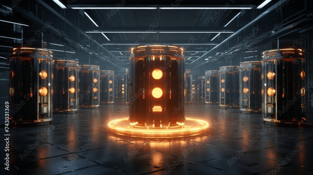 Leinwandbilder Generative AI A conceptual visualization of a render farm operating around the clock, showcasing its efficiency and capacity to handle demanding rendering tasks