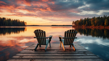 Two wooden chairs bench on a wood pier overlooking - Powered by Adobe