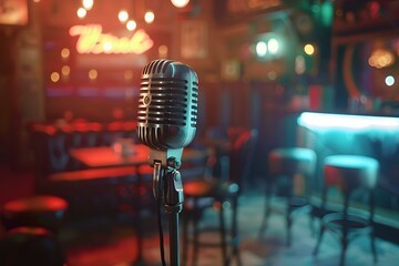 Vintage Microphone on Stage with Cafe Background and Blurred Empty Audience Seats: Capturing a Classic Atmosphere. Concept Vintage Microphone, Cafe Background, Blurred Audience Seats - obrazy, fototapety, plakaty