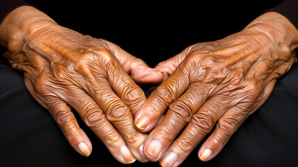 Closeup Hands Of Old African American Person On Black Background. Aging Process. Very Old Senior Woman Hands Wrinkled Skin. Horizontal Plane. Ai Generated. Healthcare and Insurance Concept, Hospice.