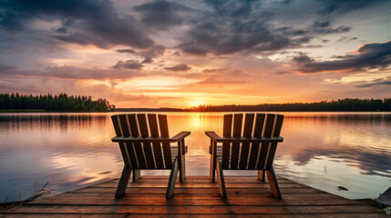 Two wooden chairs bench on a wood pier overlooking - obrazy, fototapety, plakaty