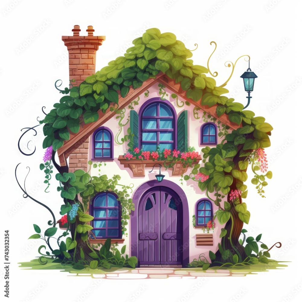 Poster generative ai a fairytale-like house with climbing vines and a colorful, cheerful facade.