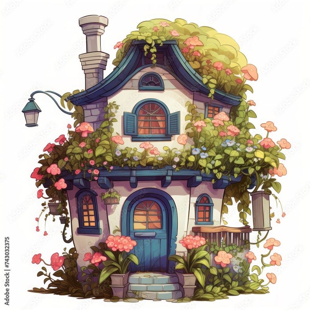 Poster generative ai a fairytale abode featuring a vibrant rooftop garden and quaint window boxes.