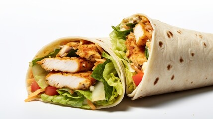 A flavorful chicken Caesar wrap showcased in a close-up realistic photo against a white background Generative AI