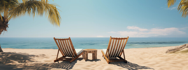 travel summer relaxation with luxurious beach chairs set against a breathtaking tropical backdrop ultimate beach holiday experience with golden sands, and a peaceful atmosphere travel summer